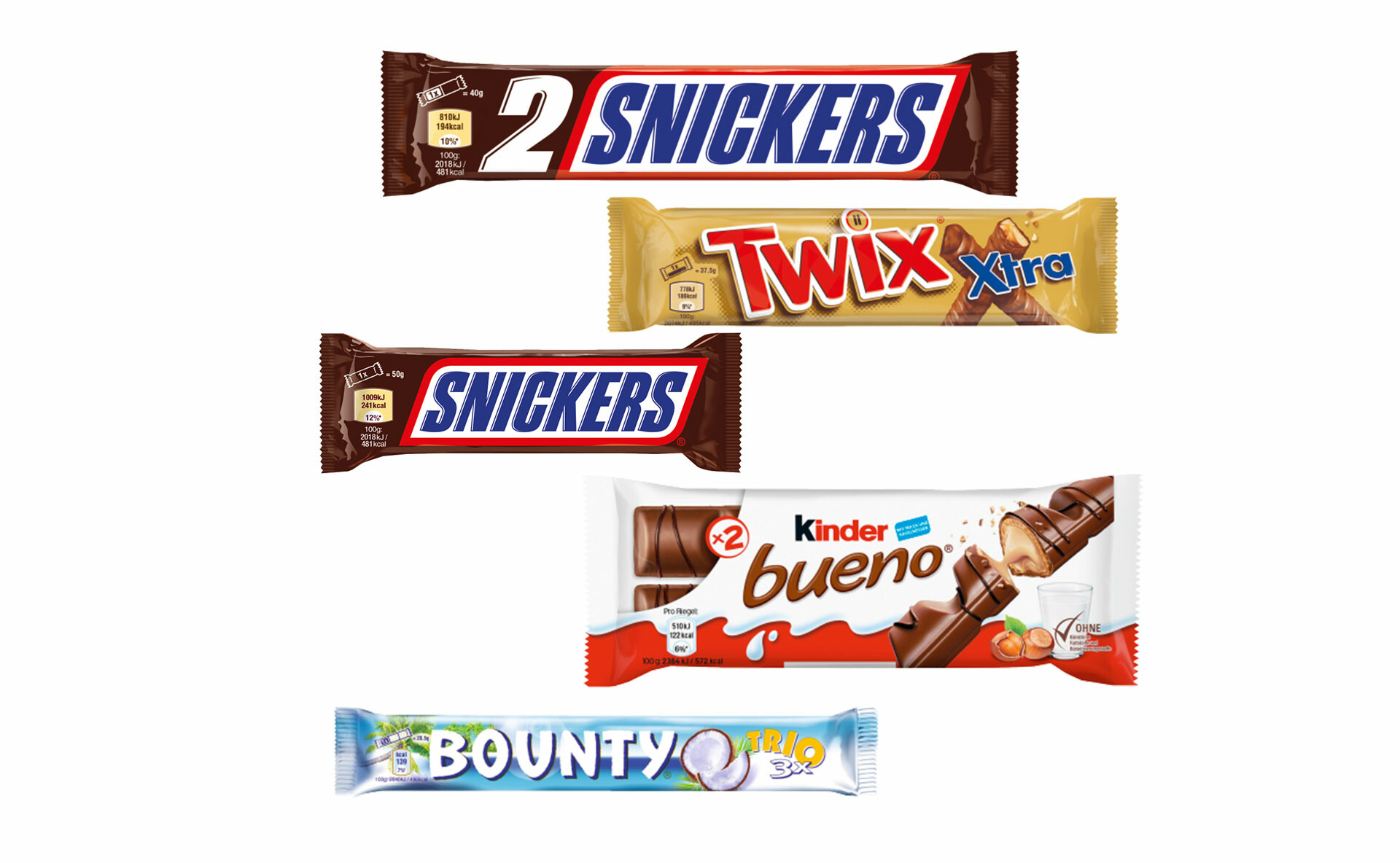 Schokoriegel Snickers Twix Bueno Bounty