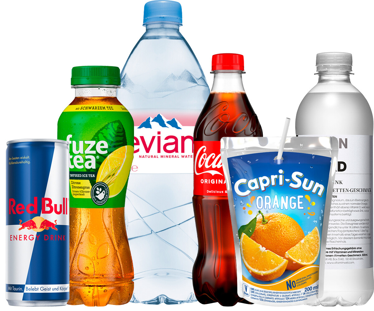 Alkoholfreie Getränke im Sortiment: Red Bull, Coca-Cola, Evian, Capri-Sun, Fuze Tea