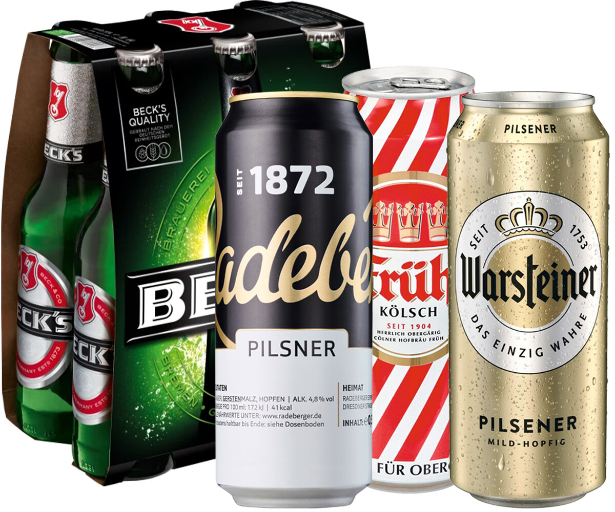 Bier-Sortiment mit Beck’s, Radeberger, Früh Kölsch und Warsteiner in Dose und Sixpack