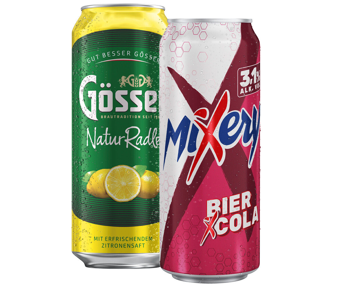 Biermischgetränke im Sortiment: Gösser NaturRadler und Mixery Bier mit Cola in Dosen