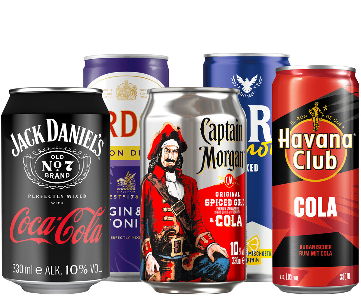 Ready-to-Drink Spirituosen-Mixgetränke in Dosen: Jack Daniel’s & Cola, Gordon's Gin & Tonic, Captain Morgan & Cola, Havana Club Cola