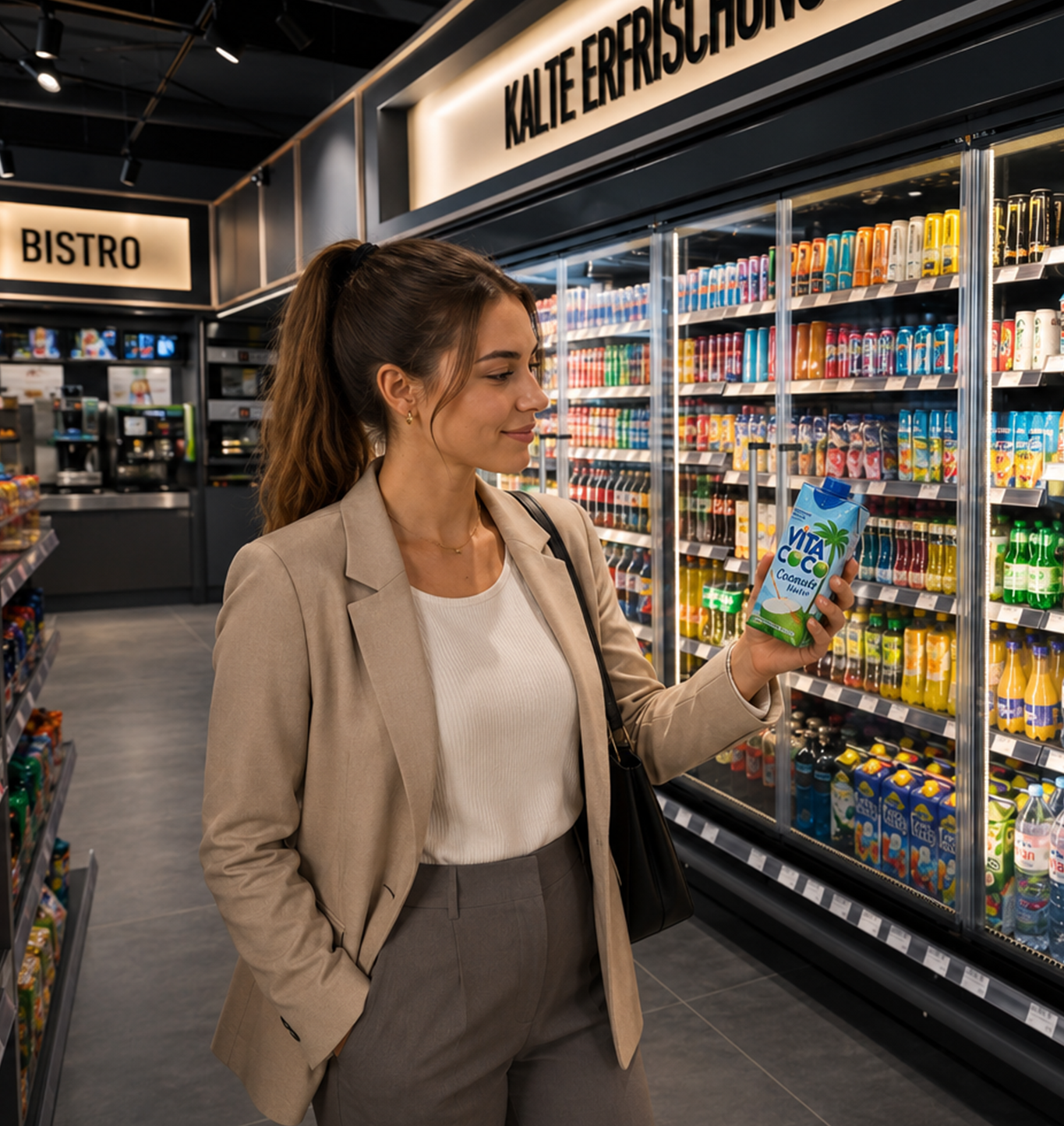 Frau in Tankstelle mit Vita Coco Kokoswasser