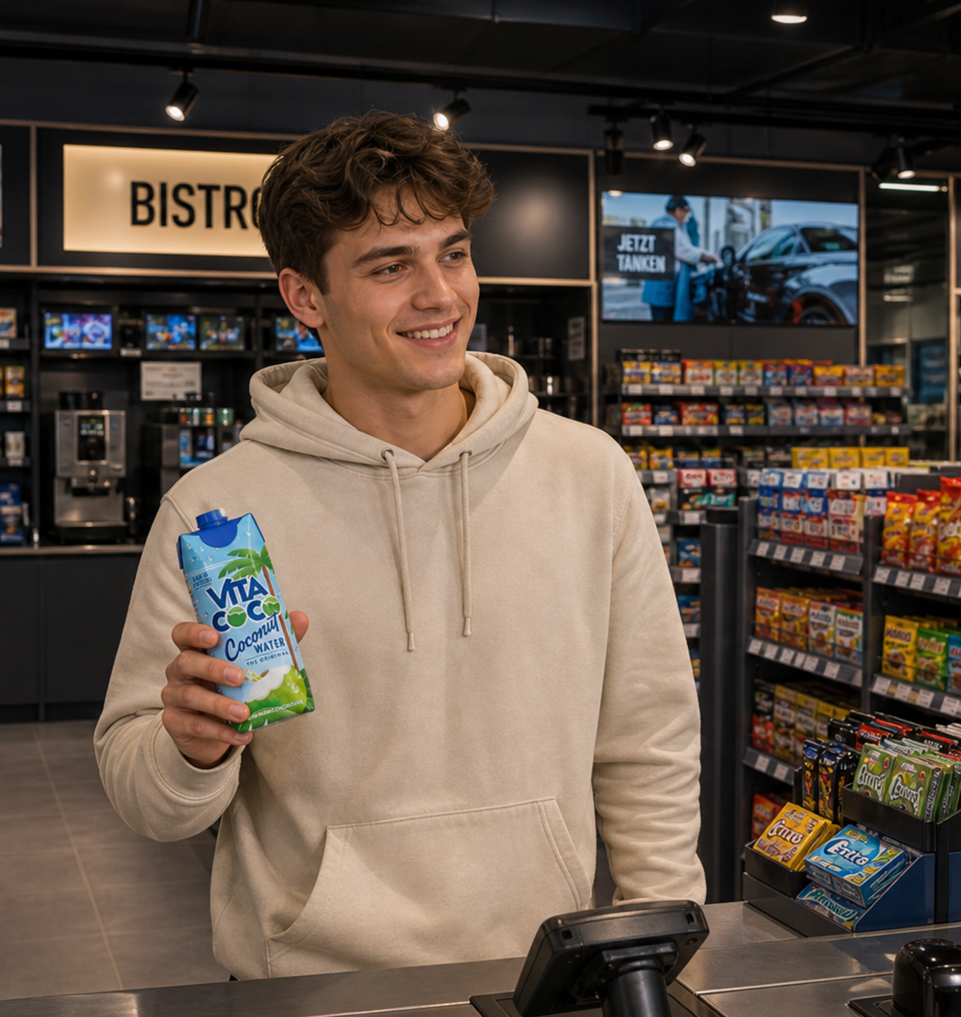 Mann mit Vita Coco Kokoswasser an der Tankstellenkasse