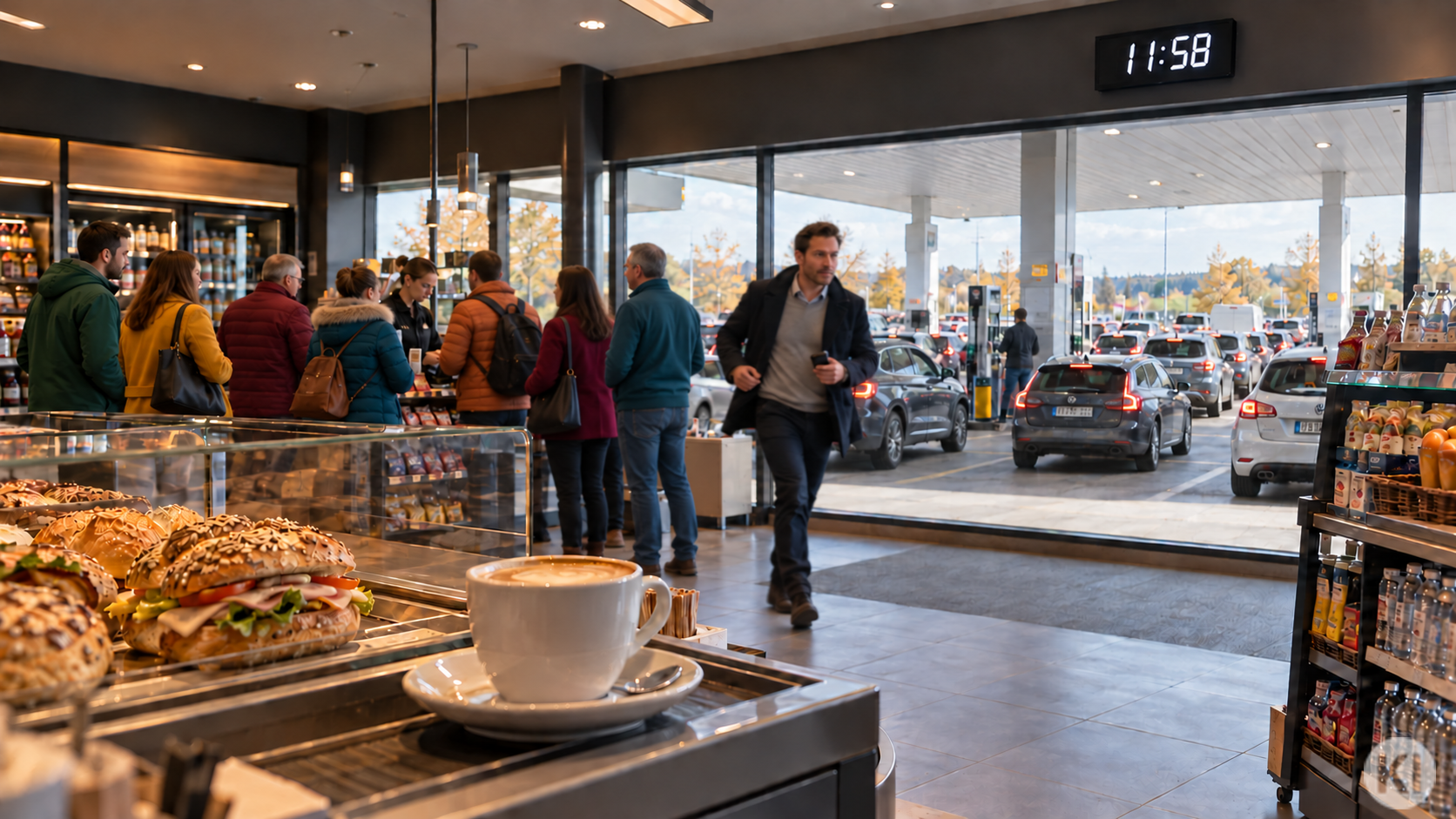 Tankstelle mit langer Warteschlange, Kunden beeilen sich / KI generiert