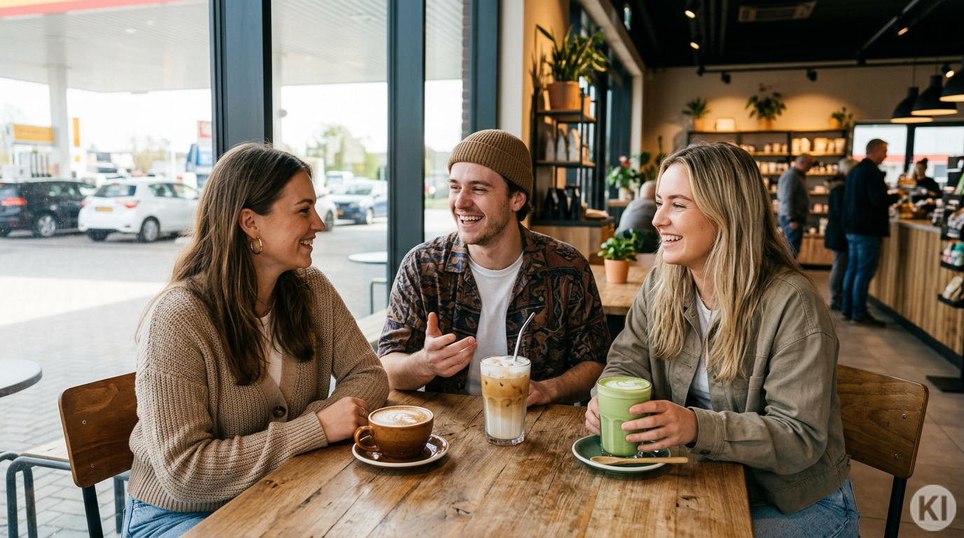 Gruppe Gen Z in Tankstelle sitzt im Bistro und trinkt Kaffee