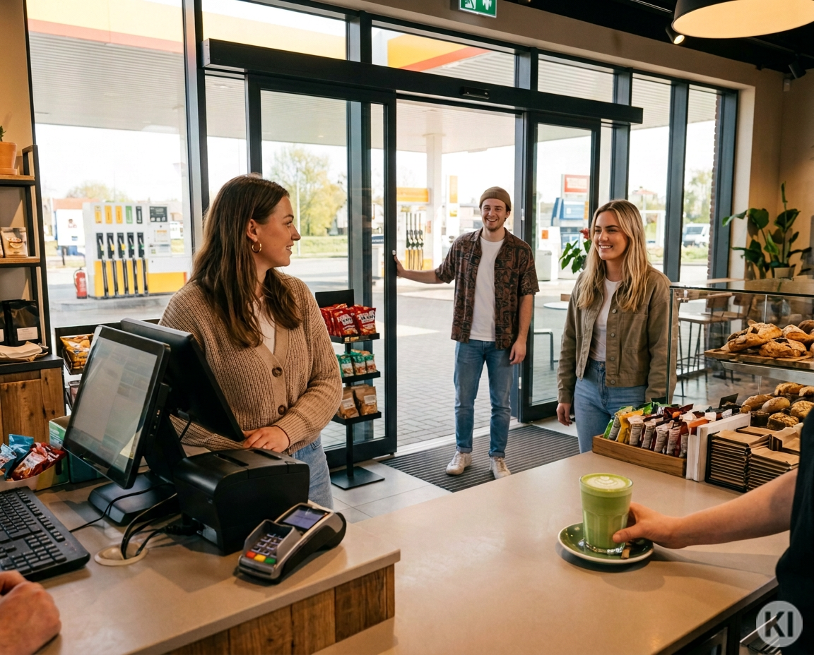 Gruppe Gen Z in Tankstelle bestellt im Bistro